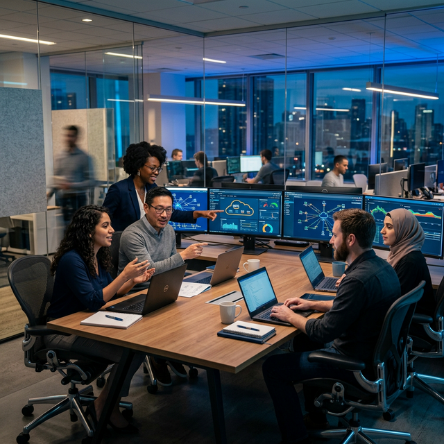 Equipo de profesionales IT de LoftCloud trabajando en oficina moderna